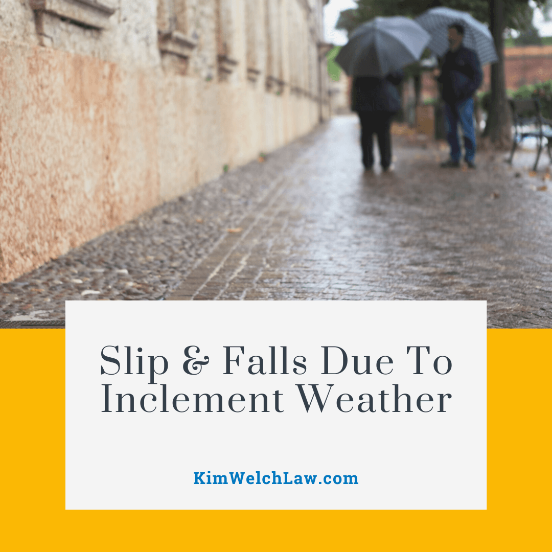 This graphic features two people standing on a paved walkway and holding umbrellas. The graphic also features the title of the blog, which reads, "Slip & Falls Due To Inclement Weather."